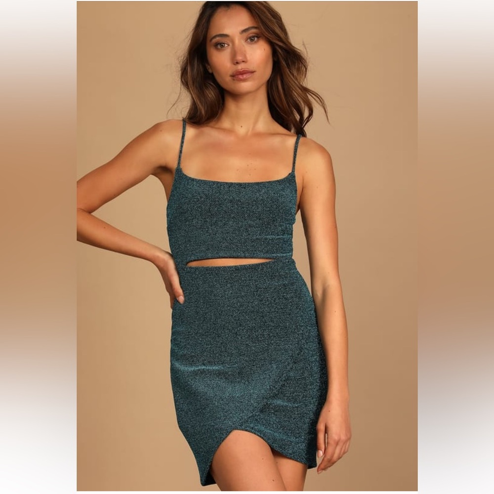 Lulus Cutout on the Town Teal Blue Metallic Cutout Tulip Mini Dress